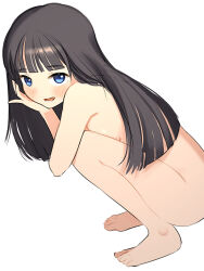 Rule 34 | 1girl, barefoot, black hair, blue eyes, blush, completely nude, feet, female focus, hand on own cheek, hand on own face, kai-o, long hair, looking at viewer, nude, open mouth, original, smile, solo, squatting, thighs, toes