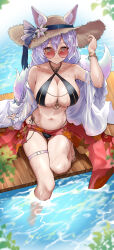 Rule 34 | 1girl, absurdres, animal ear fluff, animal ears, armpit crease, bare shoulders, belt, bikini, black bikini, blue eyes, blush, bracelet, braid, breasts, cleavage, closed mouth, collar, collarbone, commission, criss-cross halter, ears through headwear, fox ears, fox girl, fox tail, gluteal fold, hair between eyes, halterneck, hand up, hat, highres, jewelry, large breasts, lds (dstwins97), long hair, looking at viewer, navel, off shoulder, open clothes, open shirt, original, pink-tinted eyewear, purple hair, red sarong, red skirt, round eyewear, sarong, see-through clothes, see-through shirt, shirt, sidelocks, sitting, skindentation, skirt, slippers, smile, soaking feet, solo, stomach, straw hat, string bikini, sun hat, sunglasses, swimsuit, tail, thigh belt, thigh strap, thighs, tinted eyewear, twin braids, twintails, water, wet, white hair, white shirt