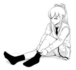 Rule 34 | 1boy, blush, bow, closed mouth, collared shirt, commentary request, crossdressing, crossdressing (mtf), full body, greyscale, hair bow, half-closed eyes, knee up, long hair, long sleeves, looking down, male focus, miniskirt, monochrome, necktie, no shoes, pleated skirt, ponytail, putting on legwear, school uniform, shirt, sidelocks, simple background, sitting, skirt, sock pull, socks, solo, striped bow, sweater vest, trap, twitter username, wada (watamote), watashi ga motenai no wa dou kangaetemo omaera ga warui!, white background, wig, yashiro aki