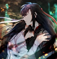Rule 34 | 2boys, black eyes, black hair, black hanfu, black smoke, chinese clothes, closed mouth, cloud, coat, crying, embers, from side, grey coat, hair down, hair ribbon, half updo, hand on another&#039;s shoulder, hanfu, headband, highres, hug, jujeop, korean commentary, lan wangji, long hair, long sleeves, male focus, modao zushi, multiple boys, official alternate costume, official alternate hairstyle, open clothes, open coat, profile, red ribbon, ribbon, robe, sidelocks, sleeves past wrists, smoke, tears, upper body, very long hair, wei wuxian, wei wuxian (yiling laozu), white hanfu, white headband, wide sleeves, yaoi