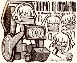 ... 1girl absurdres bow bracelet character_name danganronpa_(series) danganronpa_3_(anime) dated doodle_inset english_text eyelashes gekkogahara_miaya greyscale hairband hand_on_own_wrist hatching_(texture) heterochromia highres jewelry josh-s26 long_sleeves medium_hair monitor monochrome monomi_(danganronpa) multiple_views open_mouth scarf scarf_over_mouth signature simple_background sitting spoken_ellipsis wheelchair white_background