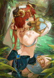 1girl absurdres aranara_(genshin_impact) arms_up back back_tattoo bare_back bare_shoulders barefoot bracer circlet covered_mouth genshin_impact green_eyes hand_in_own_hair highres horns jewelry long_hair long_sleeves looking_at_viewer looking_back nilou_(genshin_impact) parted_bangs puffy_long_sleeves puffy_sleeves red_hair revision signature solo tattoo thighlet vambraces veil water xude