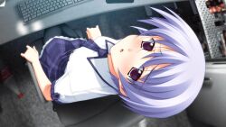 1girl 3d_background :o black_pantyhose blue_hair blush breasts chaos;head chaos;head_love_chu_chu! collared_shirt computer_keyboard desk from_above game_cg indoors kishimoto_ayase light_blush looking_at_viewer looking_up matsuo_yukihiro miniskirt necktie non-web_source official_art on_chair open_mouth pantyhose pink_eyes plaid_clothes plaid_necktie plaid_skirt plaid_sleeves purple_necktie school_emblem school_uniform shiny_eyes shiny_skin shirt short_hair short_sleeves sitting skirt small_breasts solo suimei_academy suimei_school_uniform suimei_summer_uniform tongue white_petticoat white_shirt
