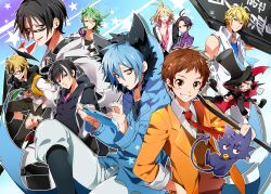 Rule 34 | 6+boys, ahoge, alicein misono, all of love, animal ears, antenna hair, backpack, bag, bags under eyes, black scarf, blue eyes, blue hair, brown eyes, brown hair, cat, glasses, green hair, green necktie, hair ornament, headphones, highres, holding coffin, lawless (servamp), licht jekylland todoroki, male focus, masyu yuyu, medium hair, multicolored hair, multiple boys, necktie, old child, pants, purple eyes, purple hair, red-framed eyewear, red eyes, scarf, sendagaya tetsu, servamp, shirota mahiru, short hair, sleepy ash, sleepy ash (cat form), sunglasses, tsubaki (servamp), two-tone hair, watanuki sakuya, white hair, white pants, wings