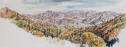 Rule 34 | absurdres, blue sky, cloud, cloudy sky, day, forest, highres, hill, mountain, mountainous horizon, nature, no humans, ocean, original, painting (medium), scenery, sky, tanamachi yoshihiro, traditional media, tree, valley, watercolor (medium)