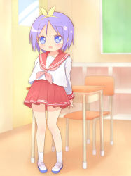 Rule 34 | 1girl, 22m, arms behind back, blue eyes, blue shoes, blush, chair, chalkboard, classroom, collarbone, door, female focus, full body, hairband, heart, heart-shaped pupils, highres, hiiragi tsukasa, indoors, long sleeves, lucky star, open mouth, pigeon-toed, pleated skirt, purple hair, red sailor collar, red skirt, sailor collar, school, school uniform, serafuku, shirt, shoes, short hair, skirt, socks, solo, standing, symbol-shaped pupils, white shirt, white socks