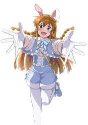 Rule 34 | 1girl, :d, absurdres, animal ears, blue bow, blue bowtie, blue capelet, blue corset, blue eyes, blue shoes, blue shorts, blush, bow, bowtie, braid, brown hair, capelet, commentary request, corset, covered groin, cross-laced clothes, cross-laced shorts, floating hair, foot out of frame, footwear bow, foreshortening, frilled capelet, frilled shirt, frills, fur-trimmed capelet, fur-trimmed shorts, fur trim, gloves, hair between eyes, head tilt, highres, idolmaster, idolmaster million live!, idolmaster million live! theater days, kousaka umi, leg up, long hair, looking at viewer, official alternate costume, open mouth, outstretched arms, pantyhose, pom pom (clothes), pyonpyon rabbit (idolmaster), rabbit ears, reaching, reaching towards viewer, shirt, shoes, shorts, sidelocks, simple background, single ear down, smile, solo, standing, standing on one leg, straight-on, takatsuki p, three-quarter sleeves, twin braids, v-shaped eyebrows, white background, white gloves, white pantyhose, white shirt