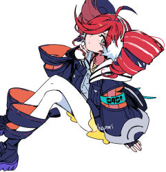 1girl ahoge arm_at_side black_boots black_gloves black_jacket boots closed_mouth creatures_(company) drill_hair expressionless fingerless_gloves game_freak gloves grey_shirt hair_over_one_eye hand_up harurie highres holding holding_poke_ball jacket jewelry kasane_teto kneehighs luxury_ball necklace nintendo on_floor pantyhose poke_ball pokemon project_voltage red_hair rival_teto_(project_voltage) see-through_clothes see-through_skirt shirt sideways_glance simple_background sitting skirt socks solo symbol-shaped_pupils triangle-shaped_pupils twin_drills utau vocaloid white_background white_pantyhose yellow_skirt