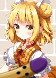 Rule 34 | 1girl, armor, armored dress, blonde hair, blurry, blurry foreground, blush, brown background, closed mouth, commentary, double bun, dress, hair bun, hair ribbon, haniwa (statue), highres, joutouguu mayumi, looking at viewer, ribbon, ruu (tksymkw), short hair, short sleeves, solo, touhou, upper body, white ribbon, yellow dress