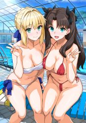2girls :d absurdres artoria_pendragon_(fate) bikini black_bow black_hair black_thighhighs blonde_hair blue_eyes blue_ribbon blush bow braid breasts cleavage collarbone commentary_request crown_braid fate/stay_night fate_(series) green_eyes hair_bow hair_ribbon haruhisky highres long_hair looking_at_viewer medium_breasts multiple_girls navel open_mouth red_bikini ribbon saber_(fate) side-tie_bikini_bottom sidelocks sitting smile stomach swimsuit thighhighs thighs two_side_up very_long_hair white_bikini
