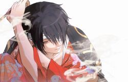 1boy bandage_over_one_eye bandages black_hair cosplay floral_print gintama highres holding holding_smoking_pipe japanese_clothes katsura_kotarou katsura_kotarou_(cosplay) kimono kiseru male_focus red_eyes red_kimono smile smoke smoking smoking_pipe solo takasugi_shinsuke uuqt7 white_background