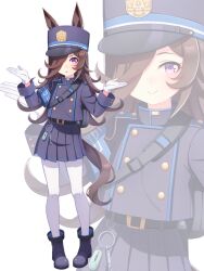 1girl animal_ears blue_archive boots brown_hair closed_mouth commentary_request cosplay full_body gloves hair_over_one_eye hat highres hikari_(blue_archive) hikari_(blue_archive)_(cosplay) hokuyukis horse_ears horse_girl horse_tail iwami_manaka long_hair looking_at_viewer multiple_views pantyhose police police_uniform policewoman purple_eyes rice_shower_(umamusume) simple_background skirt solo standing tail umamusume voice_actor_connection white_background white_gloves white_pantyhose