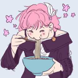 1girl ^_^ bare_shoulders blush bowl bra_strap chopsticks closed_eyes cyrene_(honkai:_star_rail) dress food grey_background hair_ornament hair_ribbon highres holding holding_bowl holding_chopsticks honkai:_star_rail honkai_(series) marbles_(marblstime) noodles off-shoulder_dress off_shoulder pink_hair purple_dress ramen ribbon simple_background solo upper_body white_ribbon