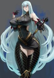 1girl :o alternate_breast_size aura backless_outfit bare_shoulders black_gloves blue_aura breasts dark_background eu03 eyebrows_hidden_by_hair gloves hair_between_eyes huge_breasts long_hair looking_at_viewer military military_uniform open_mouth red_eyes selvaria_bles senjou_no_valkyria senjou_no_valkyria_(series) senjou_no_valkyria_1 sheath sheathed shield sidelocks simple_background sketch sketch_background skirt solo standing sword thighs underbust very_long_hair weapon white_hair wide_hips