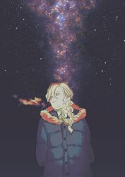 1boy 3755km braid braided_ponytail breath down_jacket fate/grand_order fate_(series) fur-trimmed_jacket fur_trim hair_between_eyes hair_over_shoulder highres jacket long_hair male_focus marisbury_animusphere night night_sky sky smile solo star_(sky) upper_body white_hair