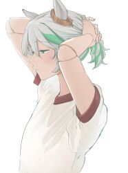 1girl absurdres alternate_costume animal_ears arms_up blush cecilia_immergreen commentary doll_joints english_commentary from_side green_eyes green_hair grey_hair hair_between_eyes highres hololive hololive_english horse_ears joints marii_(mmmmmarii_) shirt short_hair solo upper_body white_shirt