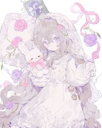 1girl bow brown_hair dress flower frills hair_ornament highres holding long_hair long_sleeves memuro original pillow pink_ribbon pocket_watch puffy_sleeves purple_eyes purple_flower ribbon rose sample_watermark stuffed_animal stuffed_rabbit stuffed_toy veil very_long_hair watch watermark white_background white_veil
