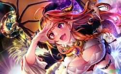 1girl breasts buru-dai cleavage dragon_girl dragon_horns dragon_tail dragon_wings fireworks highres hololive horns kiryu_coco kiryu_coco_(1st_costume) large_breasts long_hair midair open_mouth orange_hair pointy_ears purple_eyes purple_tail solo tail virtual_youtuber wings