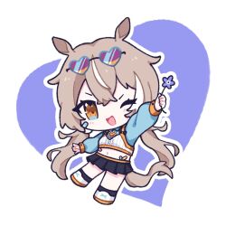 Rule 34 | 1girl, animal ears, bandaid, bandaid on cheek, bandaid on face, bandaid on stomach, biscotti (vtuber), black skirt, blue eyes, breasts, brown eyes, brown hair, chibi, chibi only, crop top, flower, heart, heart-shaped eyewear, highres, horse ears, horse girl, hyuni (hyunicat), long hair, midriff, multicolored eyes, multicolored hair, navel, one eye closed, open mouth, skirt, smile, solo, streaked hair, sunglasses, tail, twintails, v4mirai, virtual youtuber, white hair
