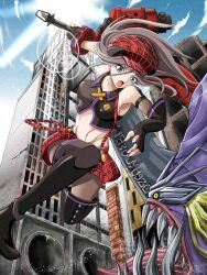 1girl :d alisa_ilinichina_amiella armpits asymmetrical_gloves battle black_boots black_gloves blue_eyes blue_sky boots breasts brown_hair cloud commentary_request crop_top day elbow_gloves fingerless_gloves floating_hair from_below gloves god_eater god_eater_burst groin hair_between_eyes hat highres holding holding_weapon lens_flare long_hair medium_breasts midriff miniskirt monster nao3675 navel newsboy_cap open_mouth outdoors pantyhose red_hat red_skirt revision sideboob skirt sky smile stomach sun suspender_skirt suspenders suspenders_slip thigh_boots thighhighs uneven_gloves weapon