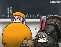 !? 10s 2girls alternate_costume animalization dated food fruit halloween halloween_costume hamu_koutarou kantai_collection multiple_girls name_connection object_namesake orange_(fruit) shiranui_(kancolle) turkey_(bird) wall yukikaze_(beaver) yukikaze_(kancolle) zuikaku_(kancolle)