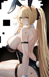 1girl animal_ear_headband animal_ears arm_belt backless_outfit bare_arms bare_back bare_legs bianca_(pgr) black_background black_leotard blonde_hair blush breasts closed_mouth detached_collar fake_animal_ears fake_tail finger_to_mouth from_behind green_eyes hair_between_eyes hand_up haruyuki_(karem) highres huge_breasts leotard long_hair looking_at_viewer looking_back playboy_bunny ponytail punishing:_gray_raven rabbit_ears rabbit_tail sidelocks smile solo strapless strapless_leotard tail thigh_strap two-tone_background very_long_hair white_background wrist_cuffs