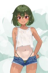 1girl c6tadayoo2 cameltoe character_request crop_top denim denim_shorts green_hair green_panties looking_at_viewer navel open_fly panties red_eyes shirt short_hair shorts smile stomach tan tanline thong unbuttoned unbuttoned_pants underwear white_shirt