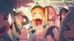 Rule 34 | &gt; &lt;, 6+girls, absurdres, ahoge, bang dream!, bang dream! it&#039;s mygo!!!!!, black hair, blonde hair, blue hair, blue jacket, blurry, blush, bocchi the rock!, bow, bowtie, brown hair, chihaya anon, chinese commentary, closed eyes, closed mouth, commentary request, crychic (bang dream!), depth of field, dress, genre connection, grey dress, grey hair, hair ribbon, highres, ijichi nijika, jacket, long hair, long sleeves, multiple girls, nagasaki soyo, open mouth, pinafore dress, pink hair, red bow, red bowtie, ribbon, school uniform, shiina taki, shirt, short hair, side ponytail, sidelocks, sklt (swyt8223), sleeveless, sleeveless dress, smile, star-shaped eyewear, star (symbol), takamatsu tomori, togawa sakiko, tsukinomori school uniform, wakaba mutsumi, white shirt