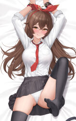 Rule 34 | 1girl, :q, absurdres, amber (genshin impact), arms up, black skirt, black thighhighs, bound, bound wrists, breasts, brown hair, closed eyes, collared shirt, commission, crossed bangs, dakimakura (medium), foot out of frame, genshin impact, hair between eyes, hairband, highres, keine09, large breasts, leg up, long hair, long sleeves, looking at viewer, lying, necktie, on back, panties, red hairband, red necktie, shirt, skirt, smile, solo, thighhighs, tongue, tongue out, underwear, white panties, white shirt