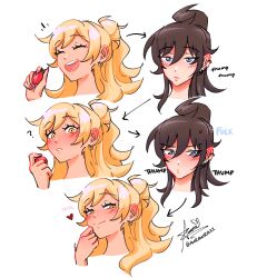 Rule 34 | 2girls, ?, arrow (symbol), aurora (aurawra21), blonde hair, blue eyes, blush, brown hair, class of 09, closed eyes, closed mouth, ear piercing, earrings, english text, flustered, food, from below, fruit, hair bun, hand up, heartbeat, highres, jecka (class of 09), jewelry, long hair, looking down, looking to the side, multiple girls, multiple views, nicole (class of 09), open mouth, piercing, ponytail, portrait, simple background, smile, strawberry, sweatdrop, teasing, teeth, upper teeth only, white background, yellow eyes, yuri
