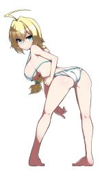 ahoge ass barefoot bikini blazblue blonde_hair blue_eyes braid breasts es_(xblaze) highres kaname_nagi large_breasts long_hair looking_at_viewer looking_back sideboob solo swimsuit underboob white_background white_bikini