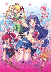 6+girls absurdres amatsuka_patako animal_ears artist_request blush bow_(weapon) character_request crossbow detached_wings electric_guitar everyone female_focus fingerless_gloves floating gal_gun gal_gun_(series) glasses gloves green_eyes guitar halo heart hibuki_akira highres instrument loafers looking_at_viewer multiple_girls nonomiya_kaname official_art one_eye_closed open_mouth orange_hair pink_wings pleated_skirt poster_(medium) sakurazaki_kaoruko school_uniform serafuku shoes skirt sword thighhighs uno_aoi weapon white_legwear wings wink wooden_sword zettai_ryouiki