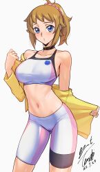 Rule 34 | 1girl, absurdres, bare shoulders, bike shorts, black choker, blue eyes, blush, breasts, brown hair, choker, commentary request, dated, gundam, gundam build fighters, gundam build fighters try, hair ornament, hair scrunchie, highres, hoshino fumina, jacket, large breasts, long hair, long sleeves, looking at viewer, midriff, navel, off shoulder, open clothes, open jacket, pink scrunchie, pink shorts, pink sports bra, ponytail, scrunchie, shorts, signature, simple background, solo, sports bra, stomach, sweat, two-tone shorts, two-tone sports bra, white background, white shorts, white sports bra, yellow jacket, yoo tenchi