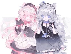 Rule 34 | 2girls, animal, animal ears, black dress, bow, braid, cat, detached sleeves, dress, flower, frills, grey hair, hair between eyes, hair ornament, highres, holding, holding animal, long hair, long sleeves, looking at viewer, memuro, multiple girls, original, pink eyes, pink hair, purple eyes, stuffed animal, stuffed toy, tail, twitter username, upper body