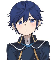 1boy aged_down blue_eyes blue_hair blue_shirt child chrom_(fire_emblem) chrom_(young)_(fire_emblem) closed_mouth collared_shirt commentary_request fire_emblem fire_emblem_awakening highres male_focus nintendo portrait shirt simple_background solo white_background zuzu_(ywpd8853)