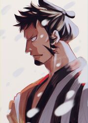 Rule 34 | 1boy, black hair, chonmage, closed mouth, commentary request, facial hair, goatee, highres, japanese clothes, kimono, kinemon, larugo0513, looking ahead, male focus, one piece, profile, short hair, simple background, snowing, solo, topknot, twitter username, upper body