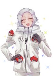 Rule 34 | 1boy, :d, ^ ^, absurdres, aotsuki eito, black gloves, breast pocket, character doll, chinese commentary, closed eyes, doll, facing viewer, glasses, gloves, grey hair, highres, holding, holding stuffed toy, jacket, light blush, male focus, multicolored hair, object in pocket, open mouth, pocket, red hair, short hair, simple background, sleeve pouch, smile, solo, sparkle, streaked hair, stuffed toy, sumino takumi, the hundred line -last defense academy-, tongwangmingjiedaolu, upper body, white background, white jacket