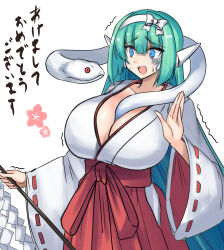 1girl absurdres android aqua_hair between_breasts blue_eyes bow breasts chinese_zodiac cleavage clothing_cutout generic_ooban_yaki gohei green_hair hairband hakama hakama_skirt happy_new_year highres hip_vent holding huge_breasts japanese_clothes kimono long_hair long_sleeves miko new_year open_mouth original red_hakama ribbon-trimmed_sleeves ribbon_trim robot_ears scared shide simple_background skirt smile snake solo trembling turn_pale very_long_hair white_background white_hairband white_kimono white_snake wide_sleeves y-0_(generic_ooban_yaki)