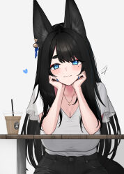 1girl animal_ears bell black-haired_fox_girl_(hayabusa) black_hair black_pants blue_eyes blue_nails blush breasts cleavage closed_mouth coffee commentary cup disposable_cup fox_ears fox_girl hayabusa_(vert_320) heart heart_necklace highres jewelry large_breasts looking_at_viewer mole mole_under_eye nail_polish necklace original pants shirt shirt_tucked_in simple_background slit_pupils smile solo spitting symbol-only_commentary thick_eyebrows white_background white_shirt