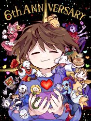 2others 5girls 6+boys alphys anniversary arthropod_girl asgore_dreemurr blonde_hair blue_sweater brown_hair chara_(undertale) chibi closed_eyes creature flower flowey_(undertale) frisk_(undertale) g_c_hori grin highres insect_girl mad_mew_mew mettaton monster_kid_(undertale) multiple_boys multiple_girls multiple_others napstablook papyrus_(undertale) sans_(undertale) sitting smile spider_girl sweater teeth temmie toriel undertale undyne