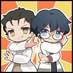2boys artist_request bad_tag black_hair blue_eyes chibi chibi_only chinese_commentary chuunibyou facial_hair girls&#039;_frontline girls&#039;_frontline_neural_cloud glasses grin lab_coat male_professor_(neural_cloud) multiple_boys official_art okabe_rintarou professor_(neural_cloud) second-party_source smile steins;gate stubble yellow_eyes