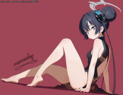 1girl absurdres bare_legs barefoot black_dress black_hair blue_archive breasts butterfly_hair_ornament china_dress chinese_clothes dress hair_bun hair_ornament halo highres kisaki_(blue_archive) loli long_hair looking_at_viewer momobug22 sitting small_breasts solo twintails