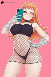 Rule 34 | 1girl, artist name, bandaged hand, bandages, black bra, black choker, black panties, blush, bra, breasts, choker, closed mouth, collarbone, facial mark, fire emblem, fire emblem engage, fishnet dress, gluteal fold, hand on own hip, hayato stuff, highleg, highleg panties, highres, holding, holding phone, large breasts, long hair, looking at object, navel, nintendo, orange hair, panette (fire emblem), panties, patreon logo, patreon username, phone, pink background, simple background, smile, solo, standing, underwear, yellow eyes