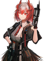 Rule 34 | 1girl, absurdres, animal ears, arknights, bayonet, bird ears, black gloves, black jacket, black skirt, closed mouth, collared shirt, cowboy shot, fiammetta (arknights), gloves, gun, hand on own hip, hand up, high-waist skirt, highres, holding, jacket, looking at viewer, necktie, open clothes, open jacket, red eyes, red hair, red necktie, shirt, short hair, skirt, solo, weapon, white shirt, wing collar, xuetu (user tfgn7453)