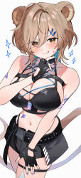 Rule 34 | 1girl, :3, :q, absurdres, animal ears, bare shoulders, black gloves, black shirt, black shorts, breasts, brown hair, cleavage, closed mouth, colored inner hair, commission, cowboy shot, crop top, enipa 28, fingerless gloves, gloves, hair between eyes, hand up, hazumi aileen, highres, indie virtual youtuber, large breasts, lion ears, lion girl, lion tail, looking at viewer, medium hair, midriff, mole, mole on breast, multicolored hair, navel, shirt, short shorts, shorts, skindentation, sleeveless, sleeveless shirt, smile, solo, spaghetti strap, stomach, tail, thigh strap, tongue, tongue out, v-shaped eyebrows, virtual youtuber