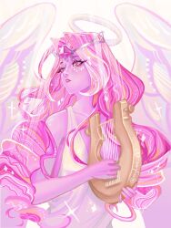 1girl angel angel_wings ayliee_00 colored_skin cookie_run cookie_run:_kingdom demon_girl dress eternal_sugar_cookie highres long_hair pink_hair pink_skin solo very_long_hair white_dress wings