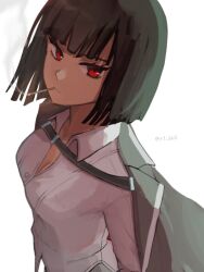 Rule 34 | 1girl, blunt bangs, blunt ends, bob cut, breasts, cigarette, cleavage, closed mouth, collared shirt, commentary, green hair, green jacket, jacket, jacket on shoulders, limbus company, long sleeves, looking at viewer, medium breasts, mouth hold, project moon, red eyes, rikka (r1 kk4), ryoshu (project moon), shirt, short hair, simple background, smoke, smoking, solo, twitter username, white background, white shirt