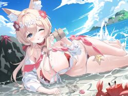 Rule 34 | 1girl, :p, absurdres, animal ear fluff, animal ears, arm rest, bare shoulders, barefoot, beach, bikini, blonde hair, blue eyes, blue sky, blush, breasts, cleavage, cloud, collarbone, commentary request, copyright name, crab, cup, day, detached sleeves, dutch angle, feet, flower, front-tie bikini top, front-tie top, gogoco, hair between eyes, hair flower, hair ornament, hand up, highres, holding, holding cup, korean commentary, large breasts, long hair, looking at viewer, lost sword: tales of britania, lying, mountainous horizon, multicolored bikini, navel, o-ring, ocean, on side, one eye closed, outdoors, pouring, red bikini, red trim, rock, seashell, shallow water, shell, sky, solo, splashing, starfish, stomach, string bikini, summer merry (lost sword), sunlight, swimsuit, thighs, tongue, tongue out, two-tone bikini, water, wet