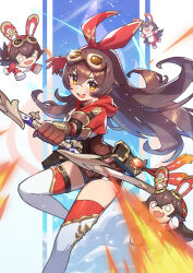 Rule 34 | 1girl, amber (genshin impact), archery, baron bunny (genshin impact), boots, bow (weapon), brown eyes, brown gloves, brown hair, brown shorts, commentary, crossed bangs, english commentary, favonius warbow (genshin impact), fire, floating hair, foot out of frame, genshin impact, gloves, goggles, goggles on head, hair between eyes, hairband, holding, holding bow (weapon), holding weapon, incoming attack, jacket, long hair, long sleeves, looking at viewer, open mouth, pouch, pyro symbol (genshin impact), pyrokinesis, red gloves, red hairband, red jacket, red thighhighs, saylamars, shorts, solo, stuffed toy, teeth, thigh boots, thighhighs, two-tone gloves, upper teeth only, vision (genshin impact), weapon, white boots, zettai ryouiki
