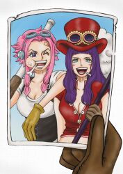 2girls bandaid belo_betty blue_eyes blue_sky blush cigarette commentary_request couchpotato_op ginny_(one_piece) gloves goggles goggles_on_head goggles_on_headwear hat_feather headphones highres holding holding_photo long_hair looking_at_viewer multiple_girls one_eye_closed one_piece open_mouth photo_(object) pink_hair purple_hair sky v-shaped_eyebrows